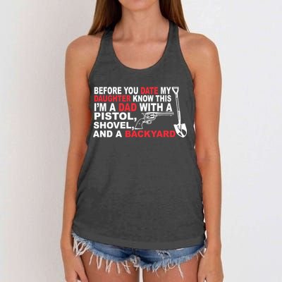 Before You Date My Daughter Gun Shovel Women's Knotted Racerback Tank