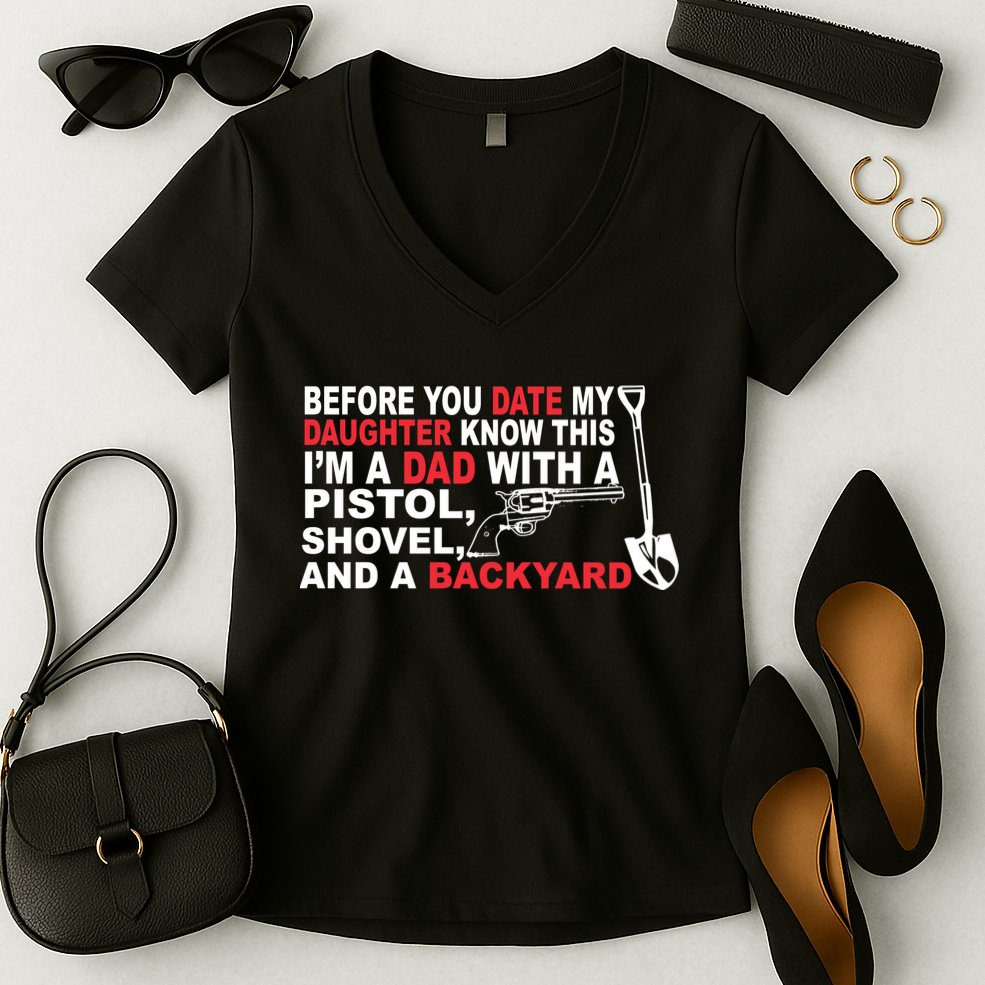 Before You Date My Daughter Gun Shovel Women's V-Neck T-Shirt