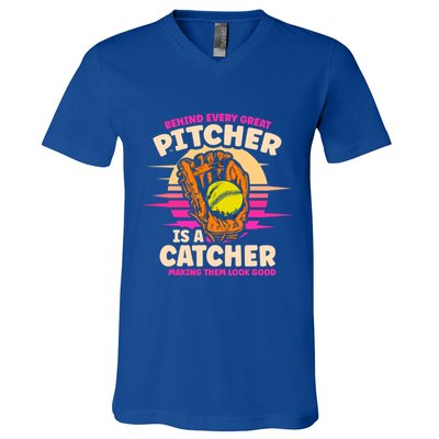 Behind Every Great Pitcher Is Catcher Making Them Look Good Gift V-Neck T-Shirt