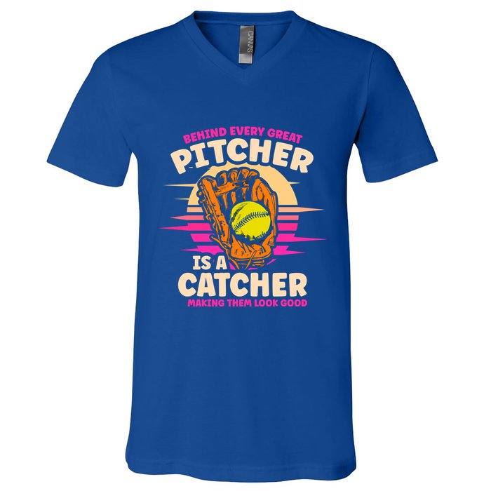 Behind Every Great Pitcher Is Catcher Making Them Look Good Gift V-Neck T-Shirt