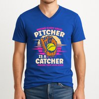 Behind Every Great Pitcher Is Catcher Making Them Look Good Gift V-Neck T-Shirt