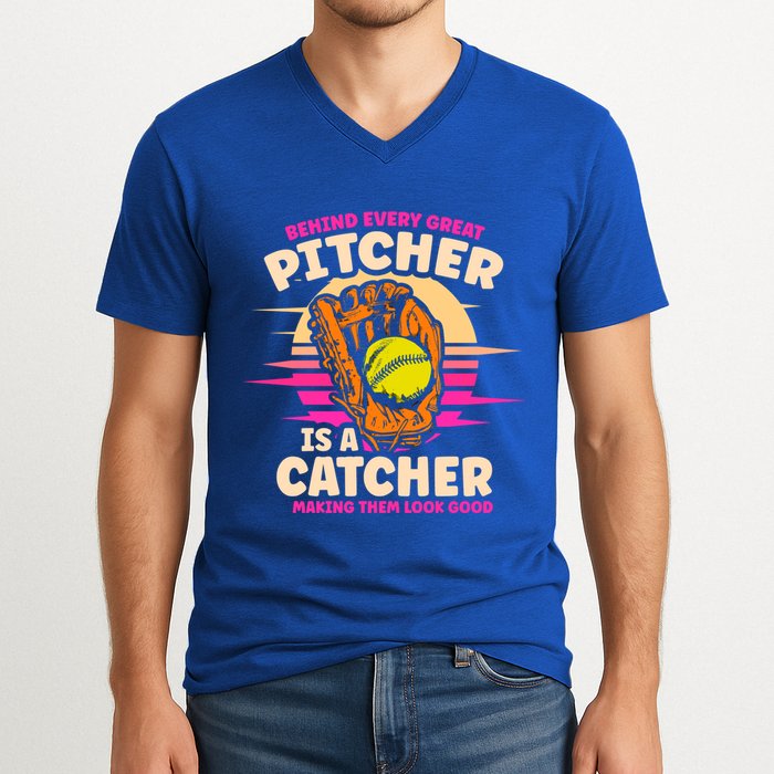 Behind Every Great Pitcher Is Catcher Making Them Look Good Gift V-Neck T-Shirt