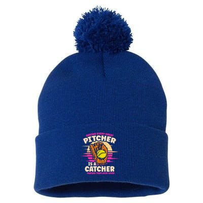Behind Every Great Pitcher Is Catcher Making Them Look Good Gift Pom Pom 12in Knit Beanie
