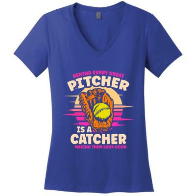 Behind Every Great Pitcher Is Catcher Making Them Look Good Gift Women's V-Neck T-Shirt
