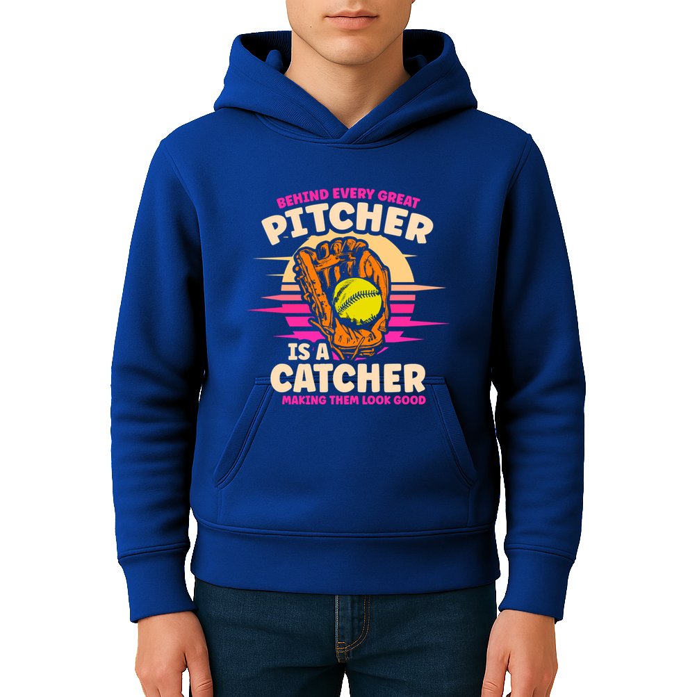 Behind Every Great Pitcher Is Catcher Making Them Look Good Gift Kids Hoodie