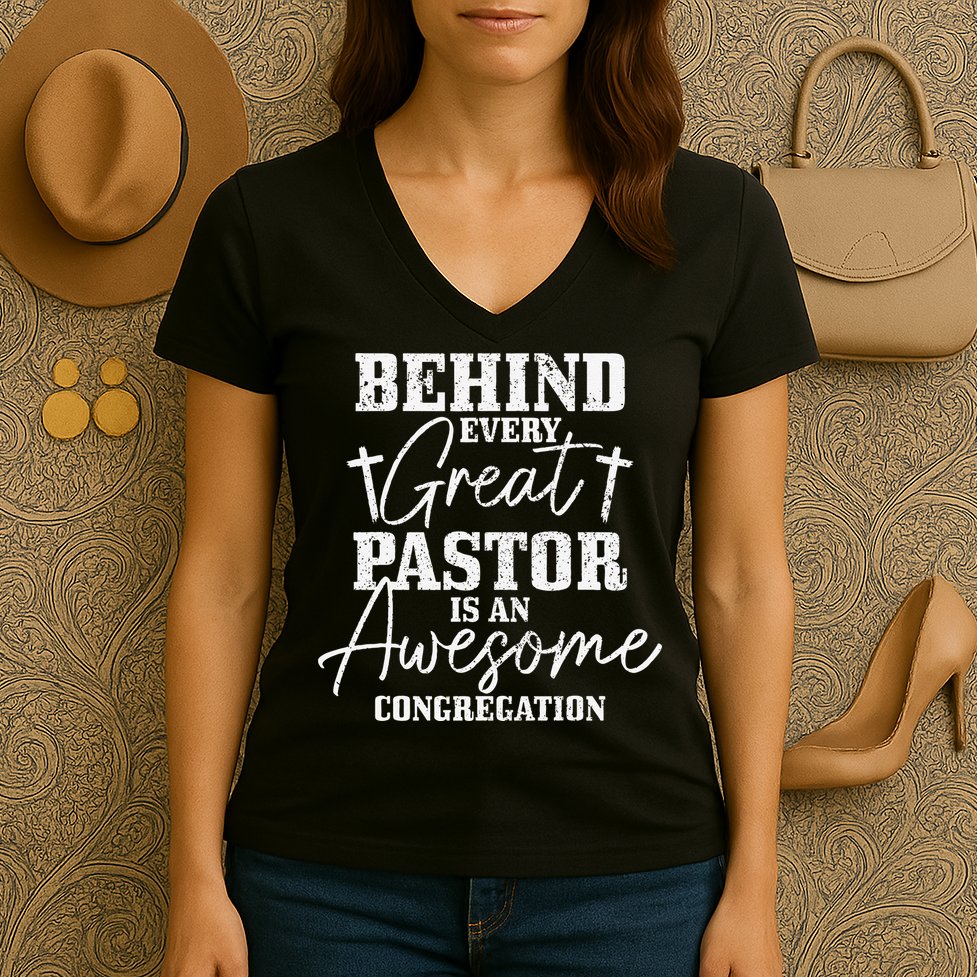 Behind Every Great Pastor Is Awesome Congregation Christian Women's V-Neck T-Shirt