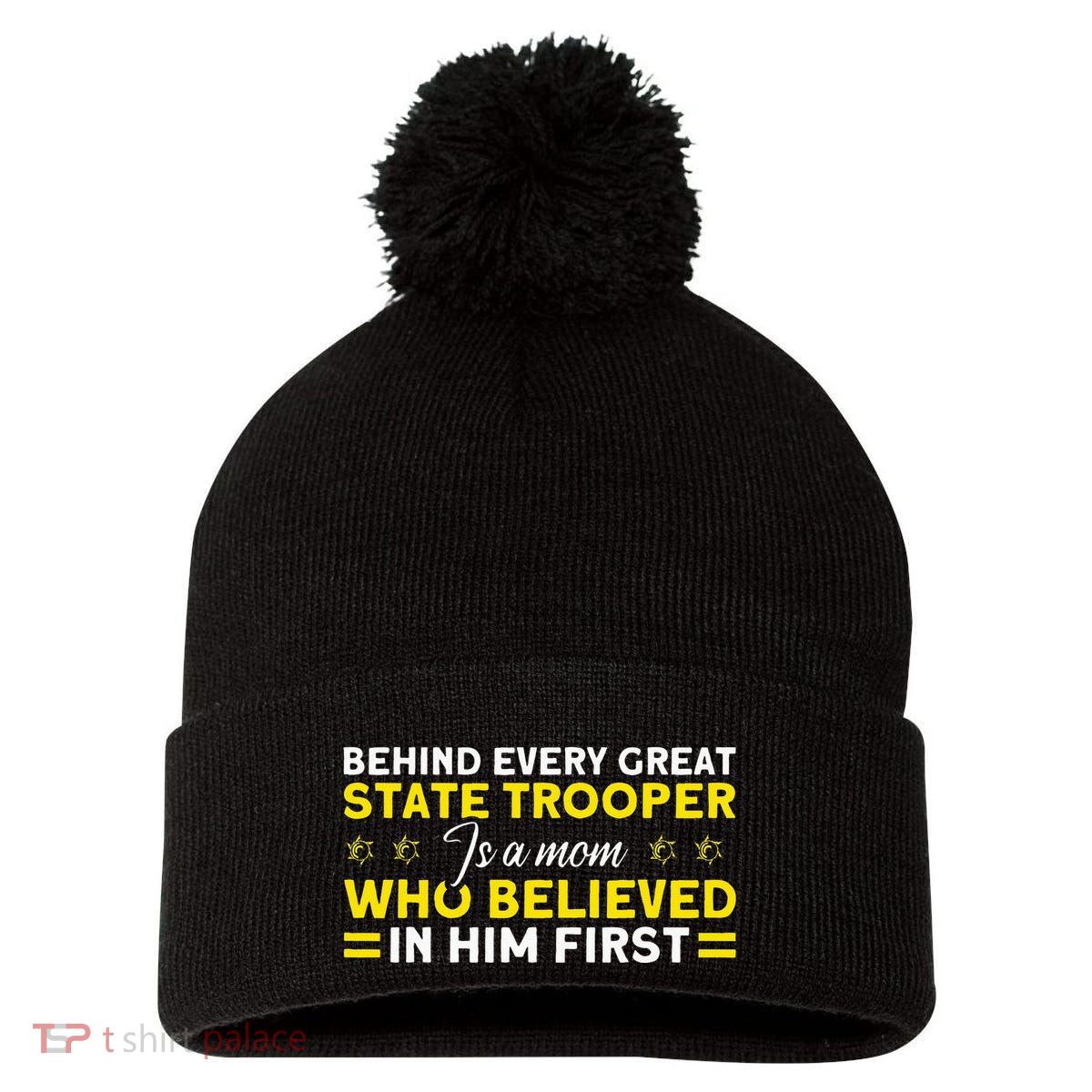 Behind Every Great State Trooper A Mom State Trooper Pom Pom 12in Knit Beanie