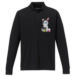 Bunny Egg hunting Gamer Happy Easter Day Performance Long Sleeve Polo