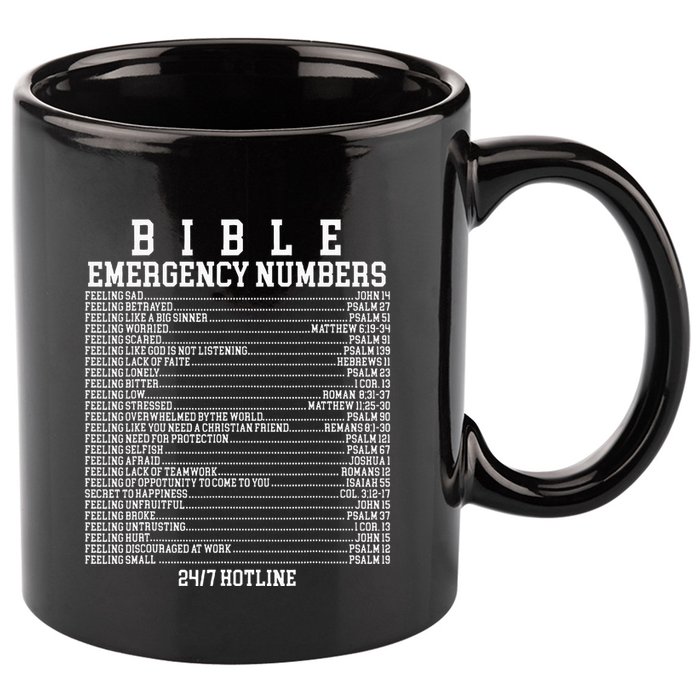 Bible Emergency Hotline Numbers Funny Christian Family Jesus 11oz C Handle Ceramic Mug