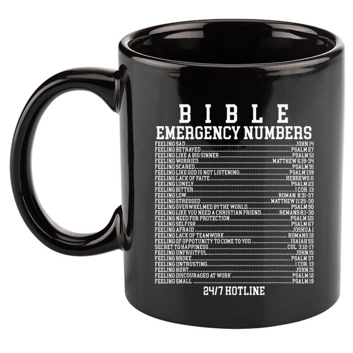 Bible Emergency Hotline Numbers Funny Christian Family Jesus 11oz C Handle Ceramic Mug