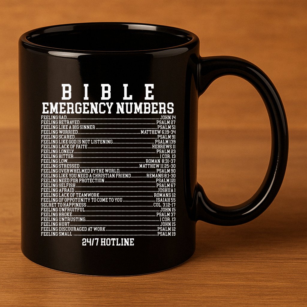 Bible Emergency Hotline Numbers Funny Christian Family Jesus 11oz C Handle Ceramic Mug
