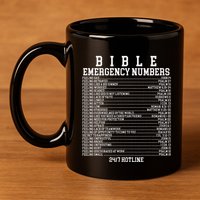 Bible Emergency Hotline Numbers Funny Christian Family Jesus 11oz C Handle Ceramic Mug