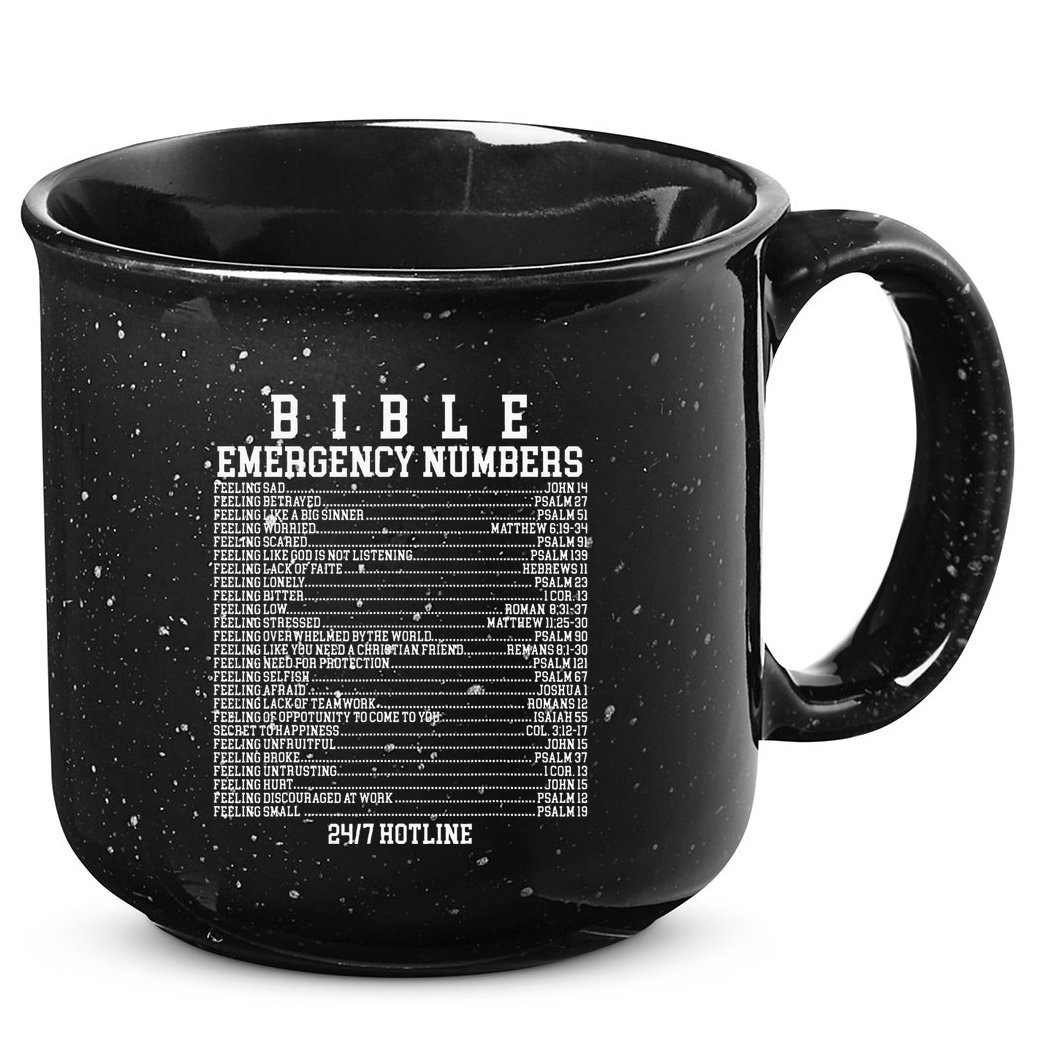 Bible Emergency Hotline Numbers Funny Christian Family Jesus 15oz Campfire Ceramic Mug