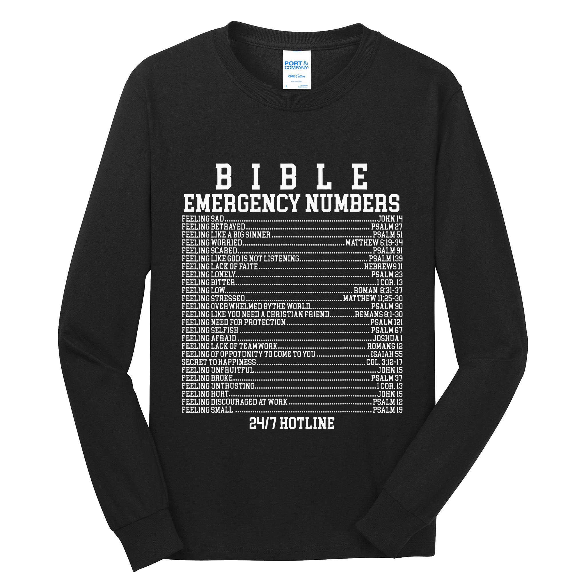 Bible Emergency Hotline Numbers Funny Christian Family Jesus Tall Long Sleeve T-Shirt