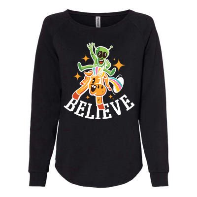 Believe Alien Unicorn Womens California Wash Sweatshirt