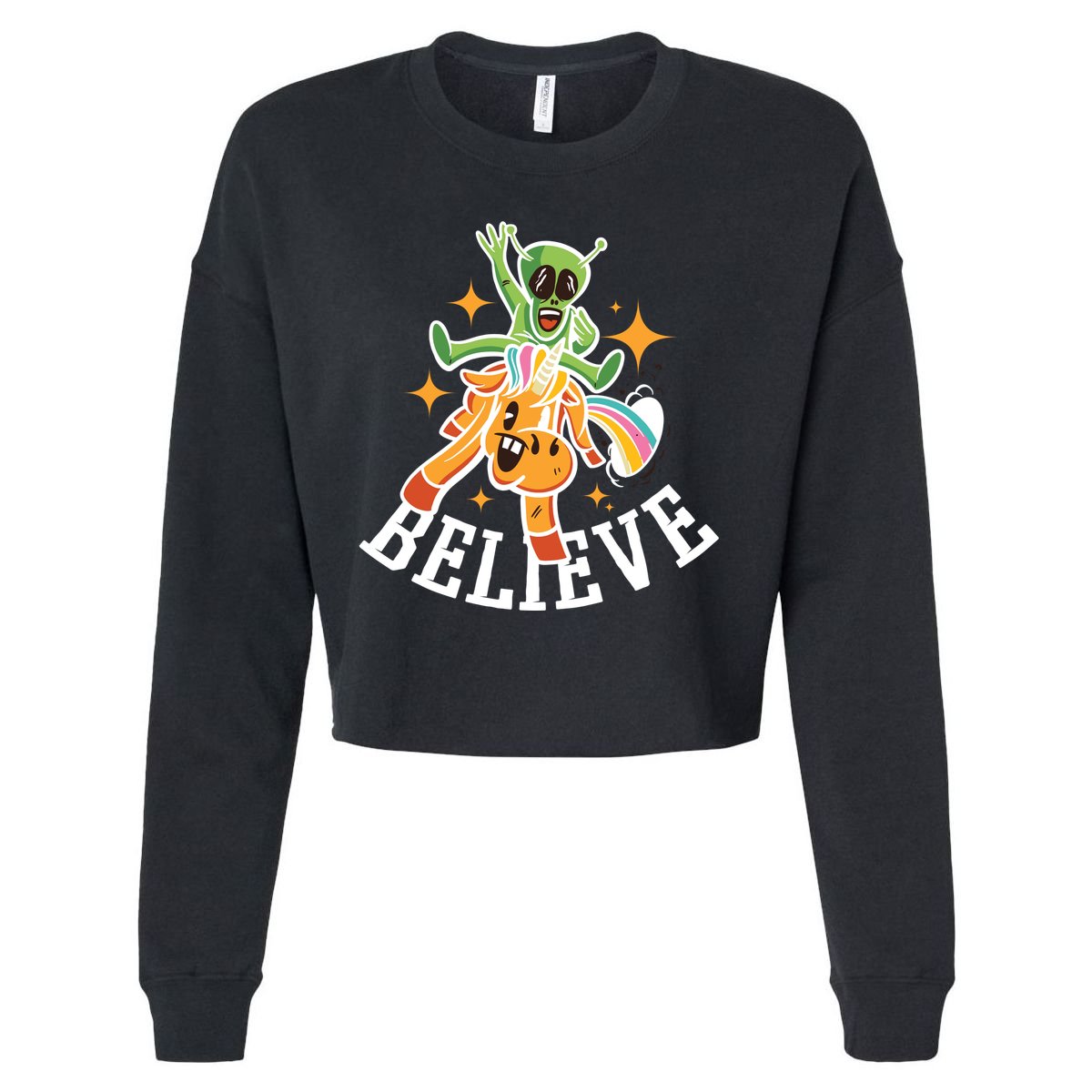 Believe Alien Unicorn Cropped Pullover Crew