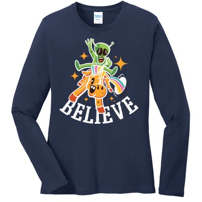 Believe Alien Unicorn Ladies Long Sleeve Shirt