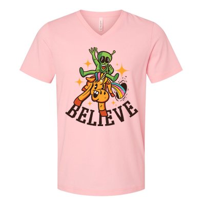 Believe Alien Unicorn V-Neck T-Shirt