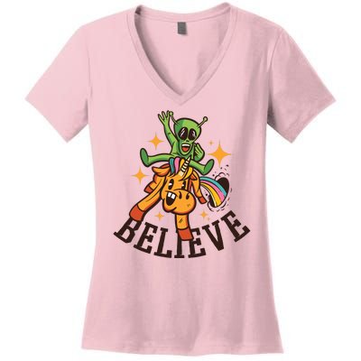 Believe Alien Unicorn Women's V-Neck T-Shirt