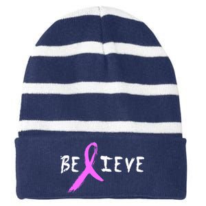 Believe Breast Cancer Striped Beanie with Solid Band