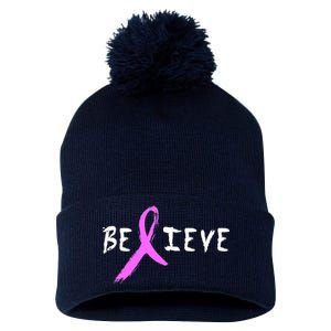 Believe Breast Cancer Pom Pom 12in Knit Beanie