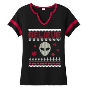 Believe In Aliens Ugly Christmas Ladies Halftime Notch Neck Tee