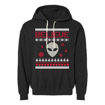 Believe In Aliens Ugly Christmas Garment-Dyed Fleece Hoodie