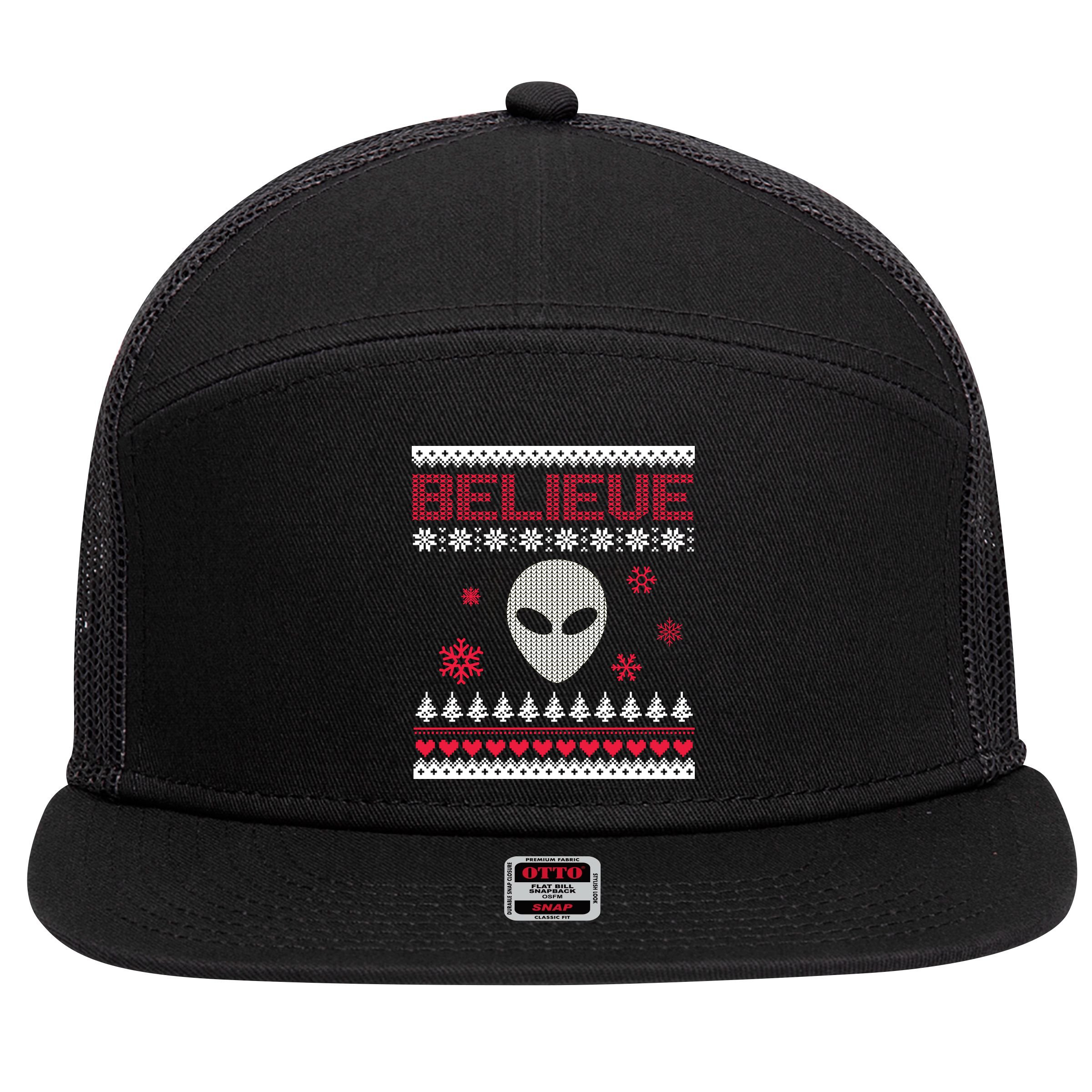 Believe In Aliens Ugly Christmas 7 Panel Mesh Trucker Snapback Hat