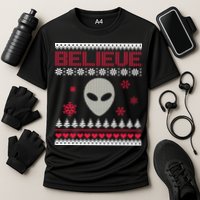 Believe In Aliens Ugly Christmas Cooling Performance Crew T-Shirt
