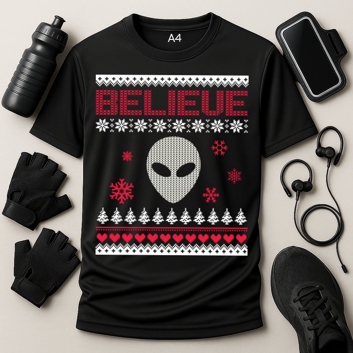 Believe In Aliens Ugly Christmas Cooling Performance Crew T-Shirt