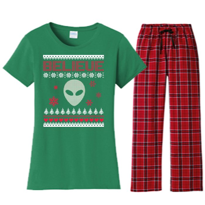 Believe In Aliens Ugly Christmas Women's Flannel Pajama Set