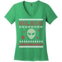 Believe In Aliens Ugly Christmas Women's V-Neck T-Shirt