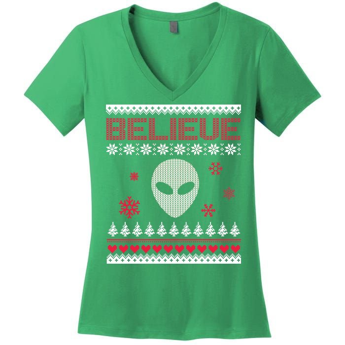 Believe In Aliens Ugly Christmas Women's V-Neck T-Shirt