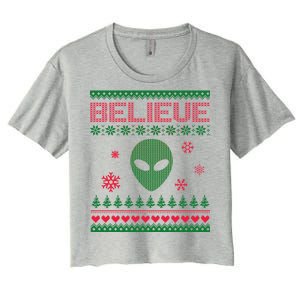 Believe In Aliens Ugly Christmas Women's Crop Top Tee