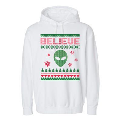 Believe In Aliens Ugly Christmas Garment-Dyed Fleece Hoodie