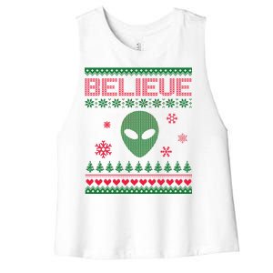 Believe In Aliens Ugly Christmas Women's Racerback Cropped Tank