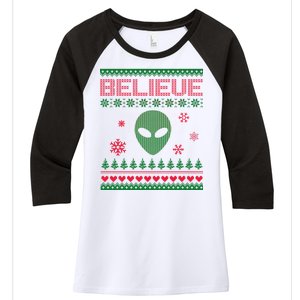 Believe In Aliens Ugly Christmas Women's Tri-Blend 3/4-Sleeve Raglan Shirt