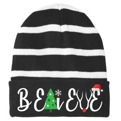 Believe In Christmas Cute Striped Beanie with Solid Band