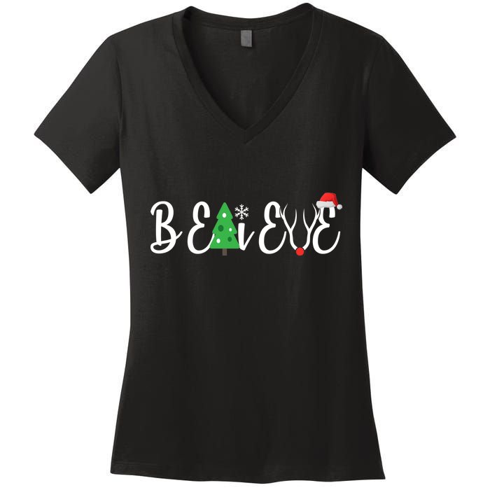 Believe In Christmas Cute Women's V-Neck T-Shirt