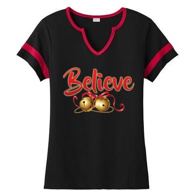 Believe In Christmas Jingle Bells Ladies Halftime Notch Neck Tee