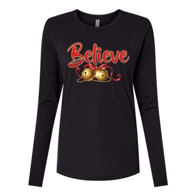 Believe In Christmas Jingle Bells Womens Cotton Relaxed Long Sleeve T-Shirt