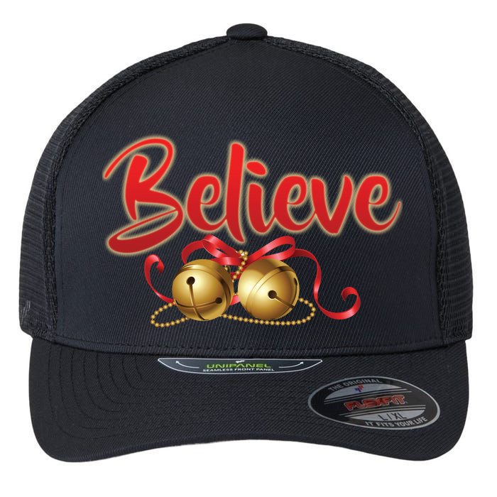 Believe In Christmas Jingle Bells Flexfit Unipanel Trucker Cap