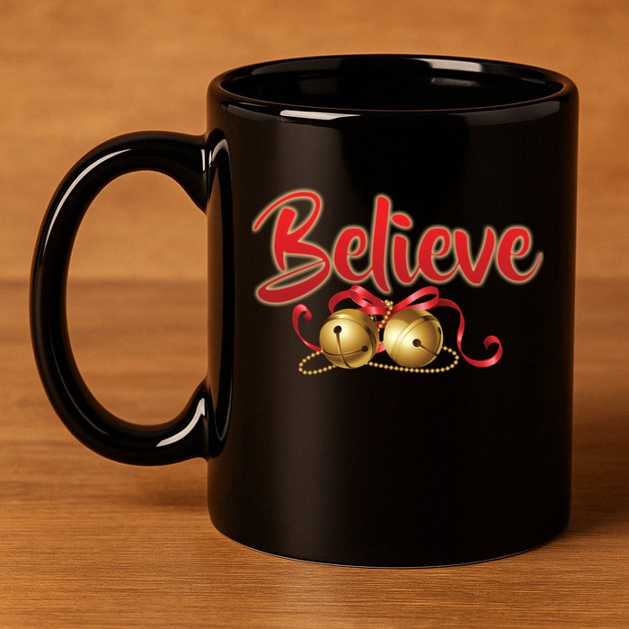 Believe In Christmas Jingle Bells 11oz C Handle Ceramic Mug