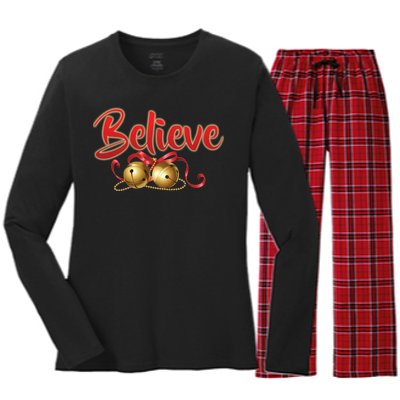 Believe In Christmas Jingle Bells Women's Long Sleeve Flannel Pajama Set 