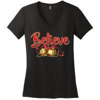 Believe In Christmas Jingle Bells Women's V-Neck T-Shirt