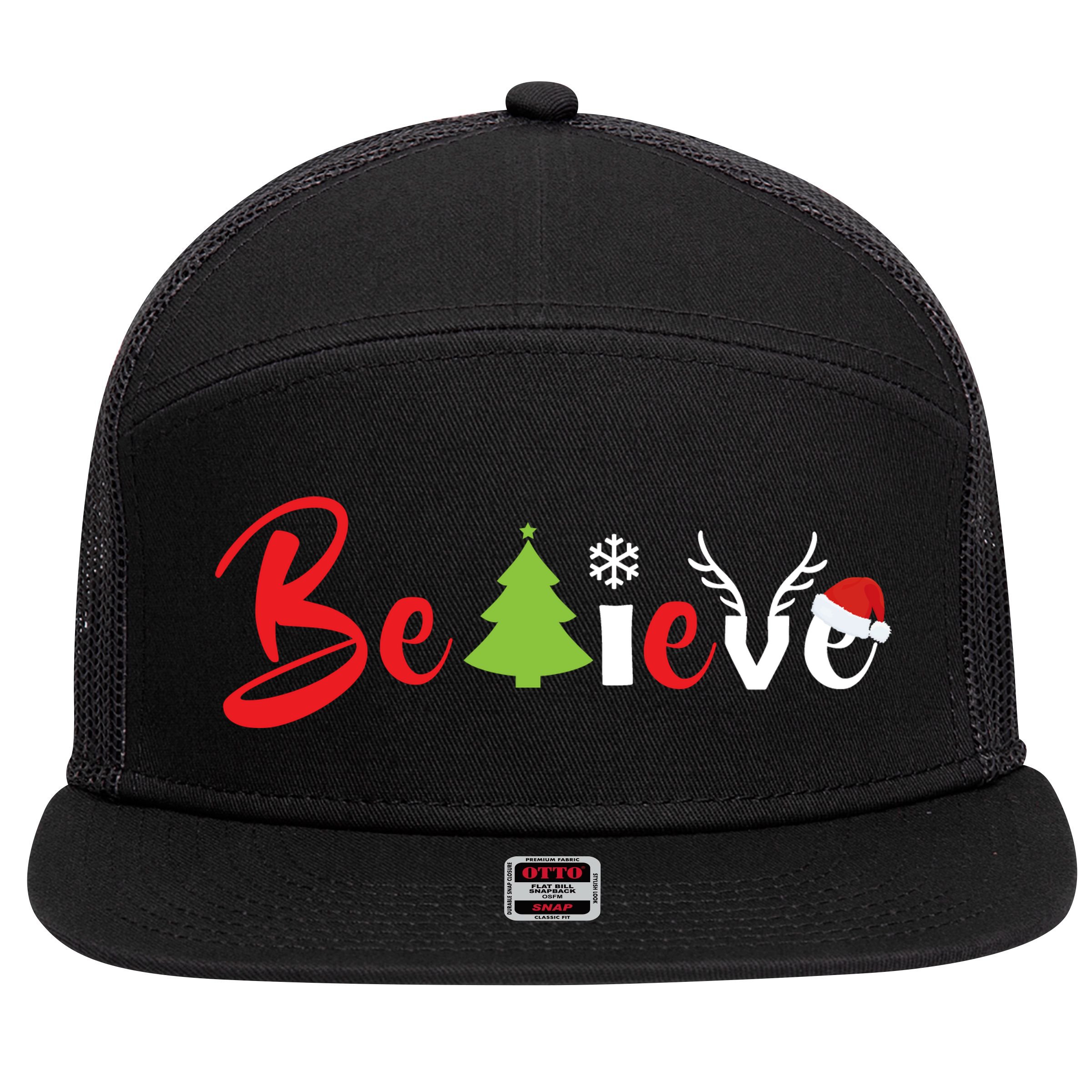 Believe In Christmas Spirit 7 Panel Mesh Trucker Snapback Hat
