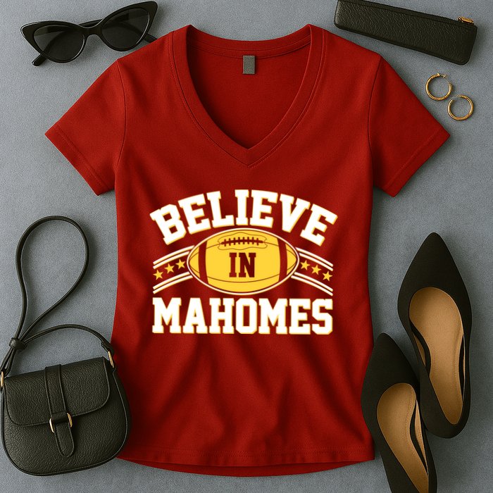 Believe In Mahomes KC Football Kansas City Fan Women's V-Neck T-Shirt