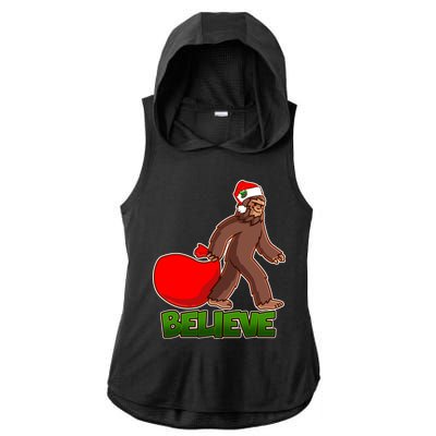 Believe In Santa Bigfoot Ladies PosiCharge Tri-Blend Wicking Draft Hoodie Tank