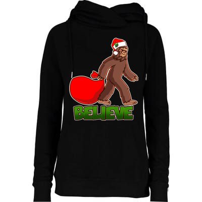 Believe In Santa Bigfoot Womens Funnel Neck Pullover Hood