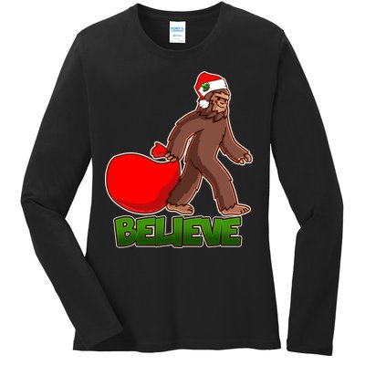 Believe In Santa Bigfoot Ladies Long Sleeve Shirt